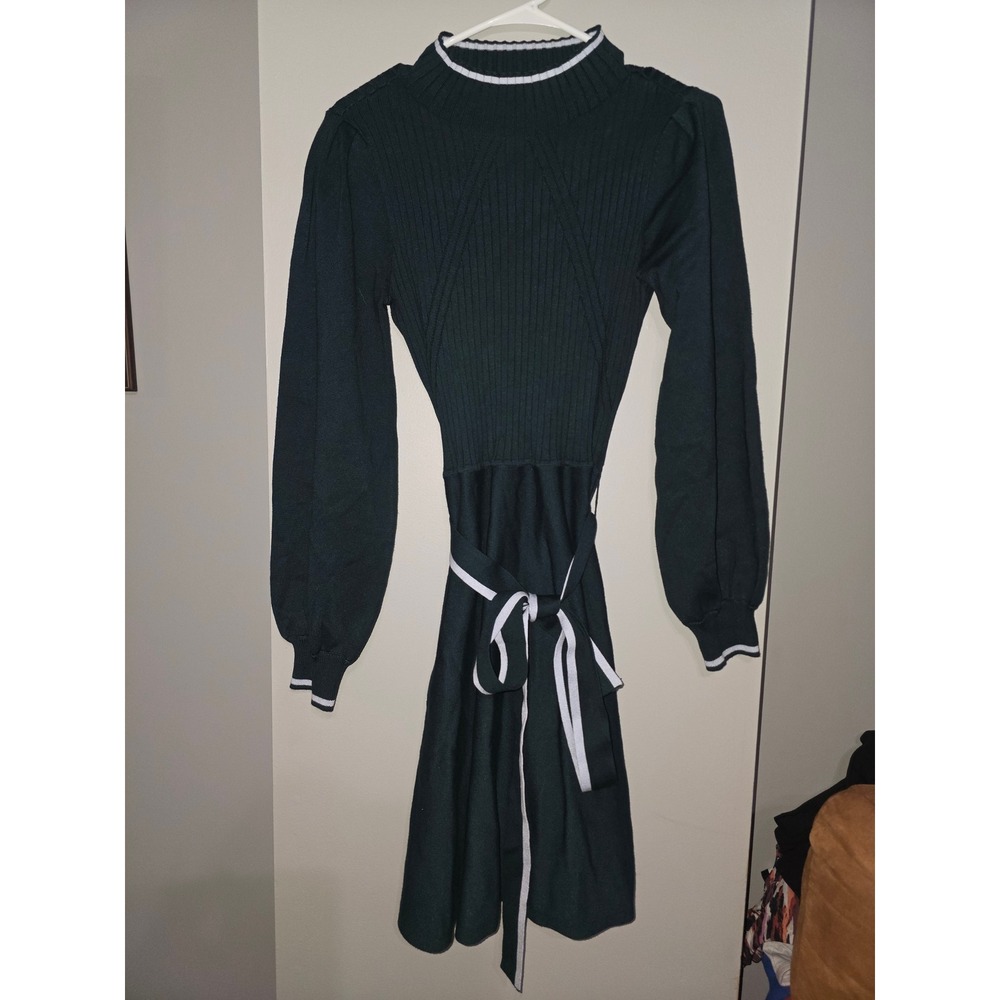 Vince Camuto Green Ribbed Knit Puff Sleeve Belted Fit & Flare Dress M